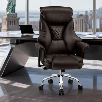 Big and Tall Office Chair - Executive High Back Leather Office Desk Chair with Adjustable Lumbar Support - Ergonomic Comfortable Heavy Duty Computer Gaming Chair with Padded Arms & Wide Seat - color: Brown