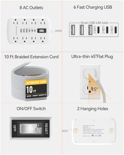 10FT Extension Cord with 6 USB(3 USB C) 8 Outlets, Flat Plug Power Strip - size: 10 FT-White-Three Prong