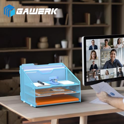 GAWERK Letter Tray Organizer, Mesh Desk File Organizer with 3 Paper Trays and 2 Vertical Upright Section (Blue) - color: Blue