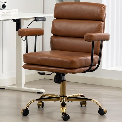 Faux Leather Home Office Desk Chair, Ergonomic Executive Computer Chair with Gold Base, Padded Seat and Armrests, Adjustable Height Swivel Makeup Vanity Chair with Wheels, Brown - color: Brown