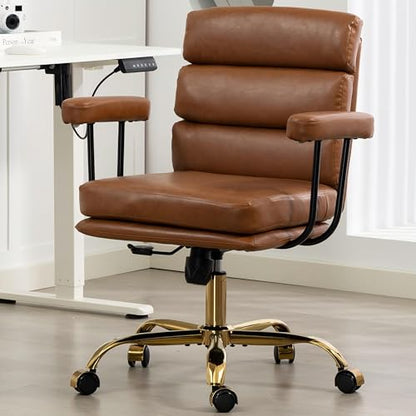 Faux Leather Home Office Desk Chair, Ergonomic Executive Computer Chair with Gold Base, Padded Seat and Armrests, Adjustable Height Swivel Makeup Vanity Chair with Wheels, Brown - color: Brown