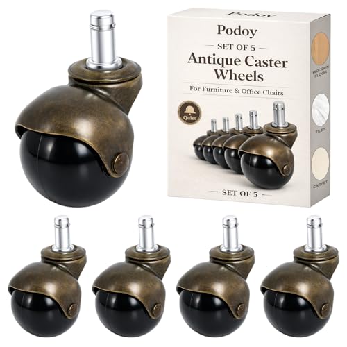 2 Inch Brass Caster Wheels, 5 Pack Antique Ball Casters, 7/16" × 7/8" Stem | Grip-Ring Chair Casters, Firm PP Wheels, 360° Swivel, Vintage Furniture Replacement for Furniture, Office Chairs, Sofa - size: Vintage Brass 2.0" Ball