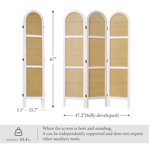 Svimi Room Dividers and Folding Privacy Screens, Pine Wood 5.6 Ft Double Hinged Rattan Partition Freestanding Wall Room Divider for Home - 3 Panels (White) - color: White, size: 3 Panels