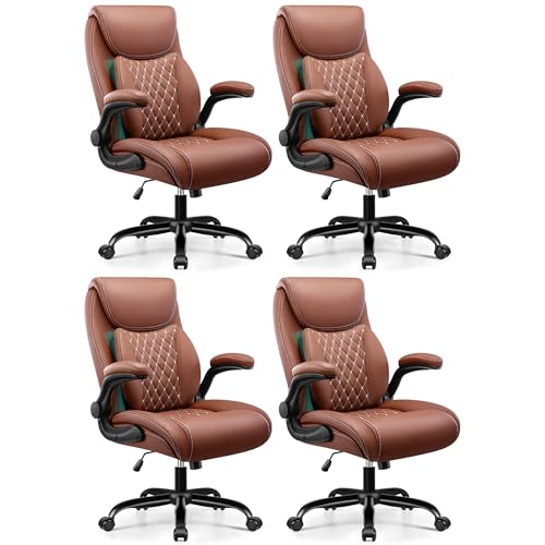 BESTFAIR Office Desk Chair with Lumbar Support for Lower Back Pain | Executive Leather Home Chair Comfy with Padded Flip-up Armrests, Brown, 4-Pack - color: Brown, size: 4 Pack