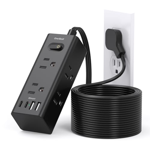 15Ft Extension Cord with Multiple Outlets, Flat Plug Power Strip Surge Protector with 15 Ft Long Cord, 6 Outlet 4 USB Ports (2 USB C), Multi Outlet Wall Plug for College, Dorm Room Essentials(Black) - color: Black, size: 15FT