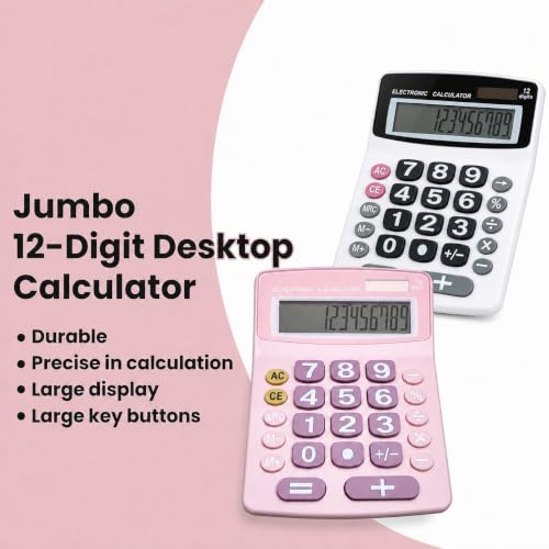 Lily's Home Jumbo 12-Digit Desktop Calculator Set of 2 (Pink & White), Solar/Battery Dual Power, Large Tilted LCD Display, Big Button Design, Quiet Operation, for Office, School, Business & Home Use - color: Pink&White