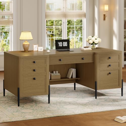 63" W x 27.6" D Executive Desk with 2 Cabinets & 6 Drawers, Farmhouse Home Office Desks with Keyboard Tray, Large Boss Desk with Privacy Panel, Modern Table with File Drawer - color: Brown-2