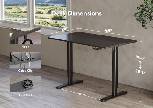 Claiks Electric Height Adjustable Standing Desk, 48x24 Inch, Black | Smooth Height Adjustment, 3 Memory Presets, Cable Management Hub&Hook, Stable Steel Frame, 176lbs Capacity, Easy Assembly - color: Black, size: 48