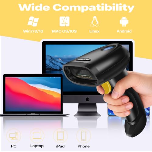 Bluetooth 1D&2D Barcode Scanner, 3-in-1 Bluetooth & USB Wired & 2.4G Wireless QR Barcode Reader, PDF417 Data Matrix Handheld Bar Code Scanner Work with Windows, Android, iOS (TM-10B) - color: Yellow