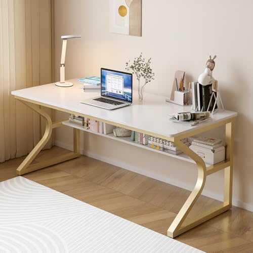 55-Inch Extra Long Desk with Storage Shelf, Gold | Double Long Writing Table, Space-saving, 2-Person Workstation, Modern Study Work Computer Desk, For Home Office - color: Gold + White, size: 55x23.6 inch