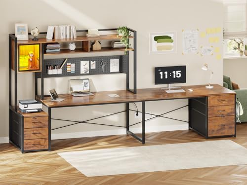 SEDETA Reversible L Shaped Gaming Desk with 6 Drawers, Hutch, Led Lights - color: Rustic Brown