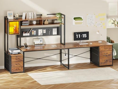 SEDETA Reversible L Shaped Gaming Desk with 6 Drawers, Hutch, Led Lights - color: Rustic Brown