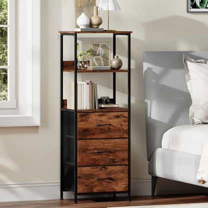 Somdot 5 Tier Bookshelf with 3 Drawers, Narrow Storage Bookcase for Bedroom | Tall Metal Frame Bookcase for Small Spaces, Living Room and Home Office, Brown - color: Brown