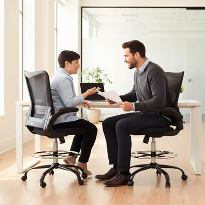 Drafting Chair,Tall Office Chair for Standing Desk,Office Drafting Chair with Footrest Ring,High Office Chair with Tilt Back,Extra Tall Office Chairs with Flip Up Armrest - color: Black Frame&seat