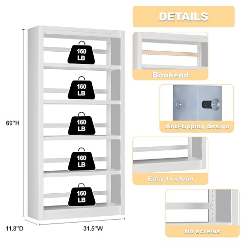 5 Tier Metal Bookcase,69'' Tall Heavy Duty Bookshelf with Open,White Large Adjustable Bookshelves,Sturdy Modern Heavy Duty Display Bookcases for Library,Office,Study Room,Living Room - color: White, size: 69" New