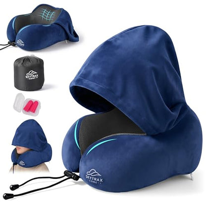 SkytraxComf® Travel Neck Pillow with Hood for Privacy on Long Flights | Memory Foam | Airplane Sleep | Safety-Tested Materials | Extra Large Hood | Chin Support | Earplugs | Washable Cover - color: Navy Blue