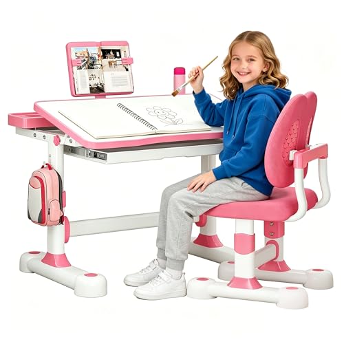 Kids Adjustable Desk and Chair Set 3-12, Children School Study Desk-11PINK | Height Adjustable | 50° Tilt Desktop | Book Stand & Metal Hook & Storage Drawer | Writing Drawing Table for Boys and Girls - color: 110-pink-27.5in