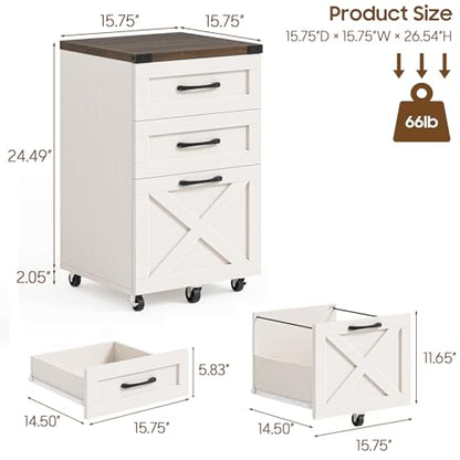 Halitaa Farmhouse 3 Drawer Small File Cabinet with Wheels, Rustic White - color: Rustic White and Brown