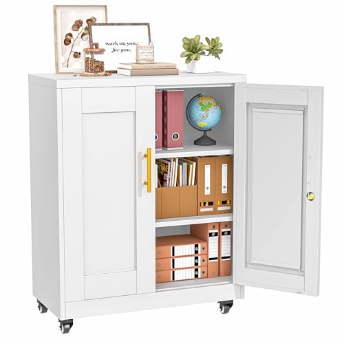 PAOFIN Metal Storage Cabinet-35” Tall Steel File Cabinets with Lockable Doors and Adjustable Shelves, Steel Tool Cabinet with Wheel for Home, School, Office, Garage White - color: White, size: 35"