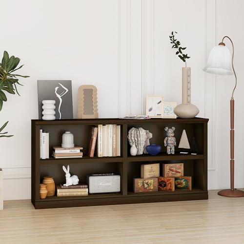 blini Low Horizontal Bookshelf Double Wide 64" 2-Tier Bookcase 4 Cube Storage Organizer Cherry Wood Bookcases for Bedroom and Home Office Decor Display - color: Cherry Wood, size: 2-shelf