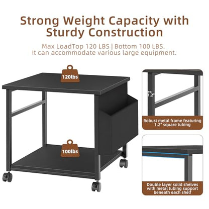 Lerliuo Black Large Printer Stand with Storage | 23.6" W x 23.6" D x 22.8" H Printer Table for Home Office, Rolling Printer Cart Holder with Lockable Wheels & Side Pocket - color: Black