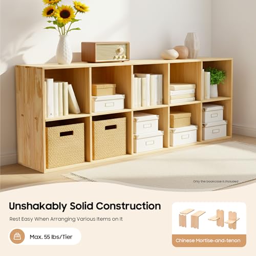 10 Cube Storage Organizer - Solid Wood Bookshelf - Cube Shelf - Vertical or Horizontal Bookcase - Open Book Shelf - Easy Assembly for Bedroom, Living Room, Office - size: 10-Cube