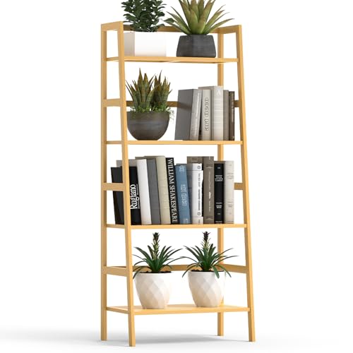 Bamboo Bookshelf, 4-Tier Ladder Shelf Freestanding Space Saver Open Bookcase Book Shelf, Bamboo Storage Shelving Unit Flower Plant Stand for Living Room, Bathroom, Home Office, Natural