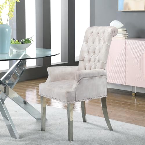 LOULENS Velvet Dining Chairs Set of 2, Dining Chairs with Arms, Beige | Upholstered, High Back, Tufted, Luxurious, Stainless Steel Leg, for Kitchen & Dining Room - color: Beige, size: 2 PCS