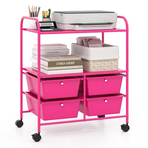 Giantex Rolling Storage Cart w/ 4 Drawers 2 Shelves Metal Rack Shelf Home Office School Beauty Salon Utility Organizer Cart with Wheels, Hot Pink - color: Hot Pink, size: 4 Drawer-25"x14.5"x29.5"