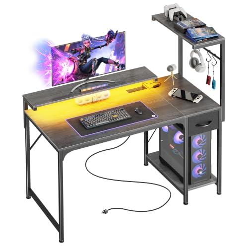 PRAISUN 39.4 Inch Gaming Desk with LED Lights & Power Outlets - color: Grey, size: 39.4 Inch