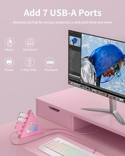 7-Port USB 3.0 Hub, RGB USB Hub with RGB Tree Light and 2ft Cable, USB Hub 3.0 Pink USB Expander for Laptop, PC, Flash Drive, HDD, Console, Printer, Keyboard, Mouse (Pink) - color: 3-Tree Pink