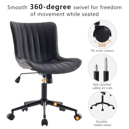 YOUNIKE Black Office Desk Chair with Wheels Armless Vanity Chair Modern | Faux Leather Upholstered with Rocking Back, Swivel Height Adjustable Small Cute Computer Rolling Task Chair Ergonomic 300lb - color: Black, size: Base Black