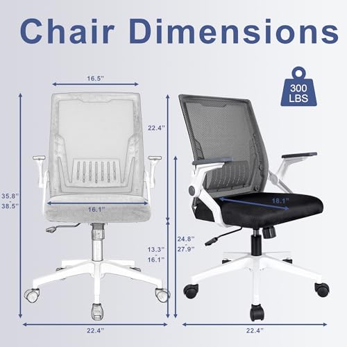 Ergonomic Office Chair with Flip-Up Arms, Small Desk Chair with Breathable Mesh Back, Home Office Desk Chair that Saves Space, Compact Swivel Computer Chair - color: White
