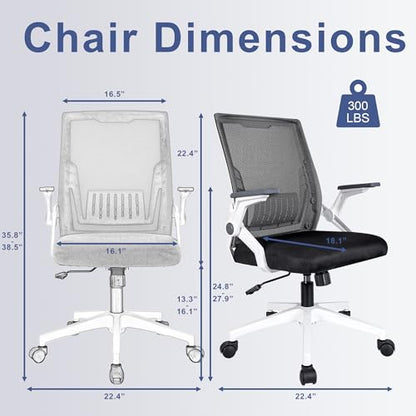Ergonomic Office Chair with Flip-Up Arms, Small Desk Chair with Breathable Mesh Back, Home Office Desk Chair that Saves Space, Compact Swivel Computer Chair - color: White