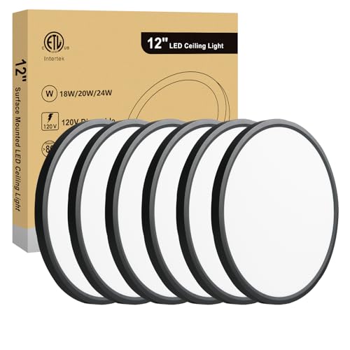 12Inch Flush Mount Ceiling Light, Dimmable 24W 5CCT Selectable, 0.67 Inch Slim Round Surface Mount LED Light Fixture for Laundry, Bedroom, 12 Inch 6Pack Black - color: Black-6 Pack, size: 12 Inch