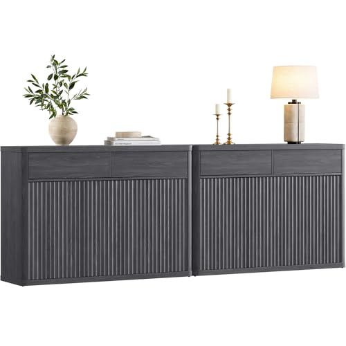 SICOTAS Buffet Cabinet with Storage - Storage Cabinet with Doors & Shelves | Accent Credenza Buffet Table with 2 Drawer Buffets & Sideboards for Living Room Dining Room Kitchen Entryway Office - color: Dark Grey Alder, size: 2 Pieces