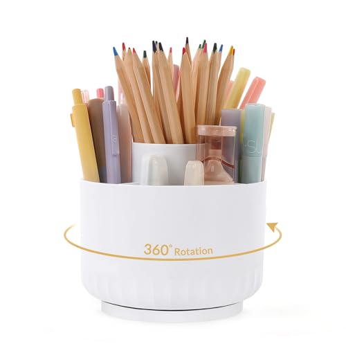 SKYDUE 360 Degree Rotating Desk Organizer, Dual-Purpose Pencil Pen Holder for Desk, Rotating Pencil Cup, Office Supplies, Desk Decor for Office, School, Home - color: Pure White