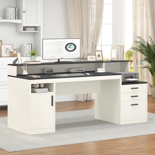 YOMILUVE 65" Computer Desk with 3 Drawers & Printer Shelf for Home Office - color: Black & White