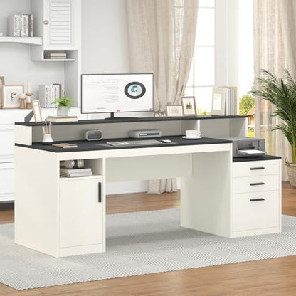 YOMILUVE 65" Computer Desk with 3 Drawers & Printer Shelf for Home Office - color: Black & White