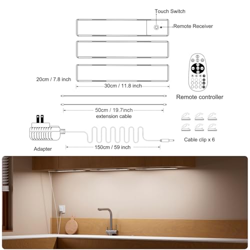 Diomart RGB Under Cabinet Lights Plug-in, 12 Inch, 3 Pack | Remote,Under Cabinet lighting, Dimmable, LED Light Bar for Kitchen, Multi-Color for Desk, Closet
