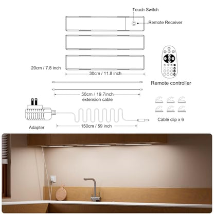 Diomart RGB Under Cabinet Lights Plug-in, 12 Inch, 3 Pack | Remote,Under Cabinet lighting, Dimmable, LED Light Bar for Kitchen, Multi-Color for Desk, Closet