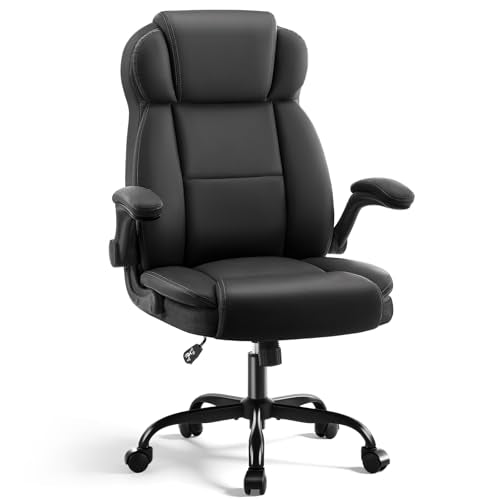 Ergonomic Office Chair with High Back Headrest,PU Leather Executive Desk Chair Padded Flip-Up Armrests,Lumbar Support,Swivel Computer Chair for Home Office & Gaming,Black - color: Black, size: Office Chair