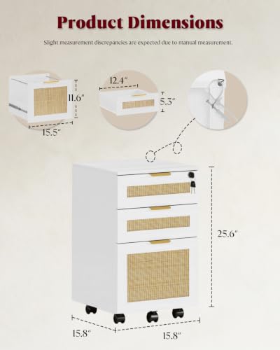 HOPUBUY 3 Drawer File Cabinet with Lock, Small Rattan - color: White, size: 15.8″Dx15.8″WX25.6″H