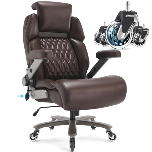 Big and Tall Office Chair 700lbs, Ergonomic High Back Computer Desk Chair | Adjustable Headrest&Lumbar Support, 3D Flip Arms, Large Wheels, Heavy Duty Metal Base, Thick Padded Wide Seat Executive Chair - color: Brown
