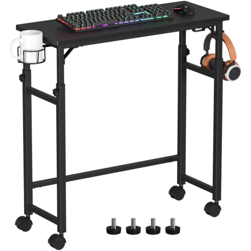 Snughome Mobile Keyboard Tray with Wire Cup Holder & 2 Storage Hooks, Height Adjustable 27.5"–44.4", Rolling Standing Desk Keyboard Platform with Lockable Casters for Home Office, Black - color: Black, size: 27.5"-44.4"