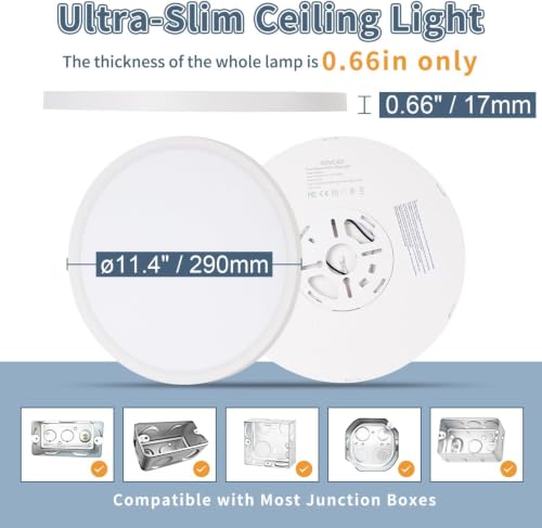 12Pack 11.4 Inch LED Flush Mount Ceiling Light,24W,2427LM,5CCT (White) | 3000K-6500K Selectable, ETL, 0.66in Ultra Thin Round Flat Panel Close to Ceiling Light Fixture for Bedroom, Kitchen (White) - color: White, size: 11.4"-12pk