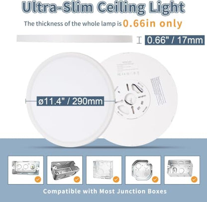 12Pack 11.4 Inch LED Flush Mount Ceiling Light,24W,2427LM,5CCT (White) | 3000K-6500K Selectable, ETL, 0.66in Ultra Thin Round Flat Panel Close to Ceiling Light Fixture for Bedroom, Kitchen (White) - color: White, size: 11.4"-12pk