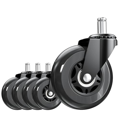 3 Inch Office Chair Wheels, Set of 5 (Black) | Heavy Duty Replacement Casters for Hardwood Floor & Carpet, Smooth Quiet Roll, Universal 11mm Stem, Non-Marking PU Wheels - color: Black