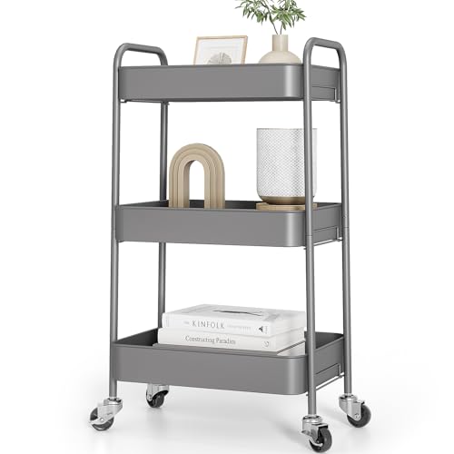 TOOLF 3 Tier Metal Rolling Cart, Utility Storage Cart with Wheels, Grey | Screwless Assembly, Lockable Metal Wheels, Trolley Organizer for Bathroom, Kitchen, Office, Dorm, Laundry, Craft Room - color: Grey, size: 3-Tier