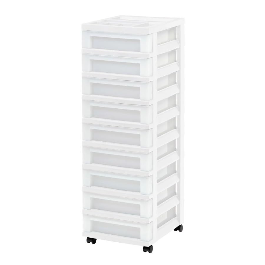 Nine-drawer narrow plastic storage cabinet with top organizer shelf, white.